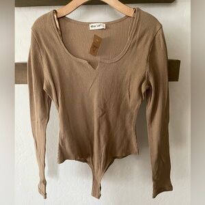 New In| Waffle Knit Tan Long Sleeve Bodysuit•••NWT, Brown Thermal Onesie